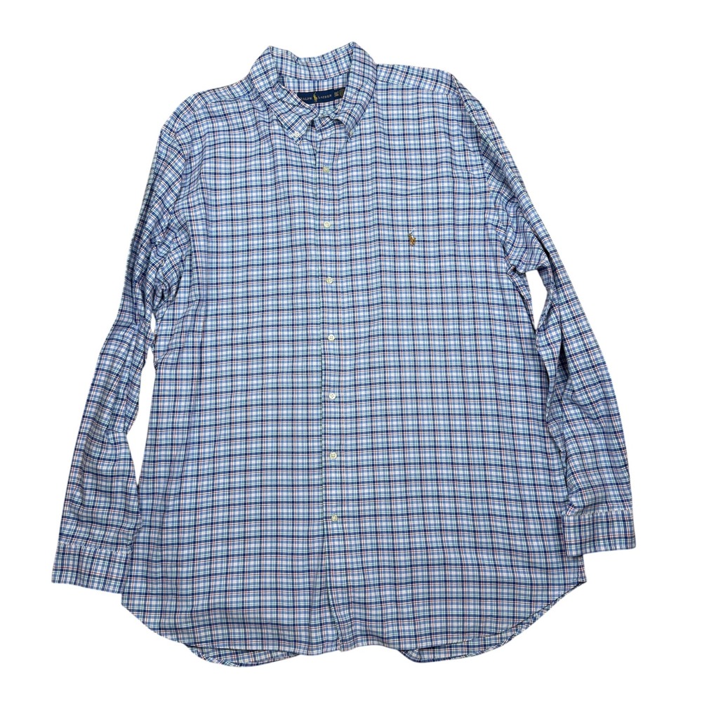 Ralph Lauren Mens 2XLT Plaid Button Down Shirt Blue White Red Long Sleeve Cotton - Picture 3 of 8